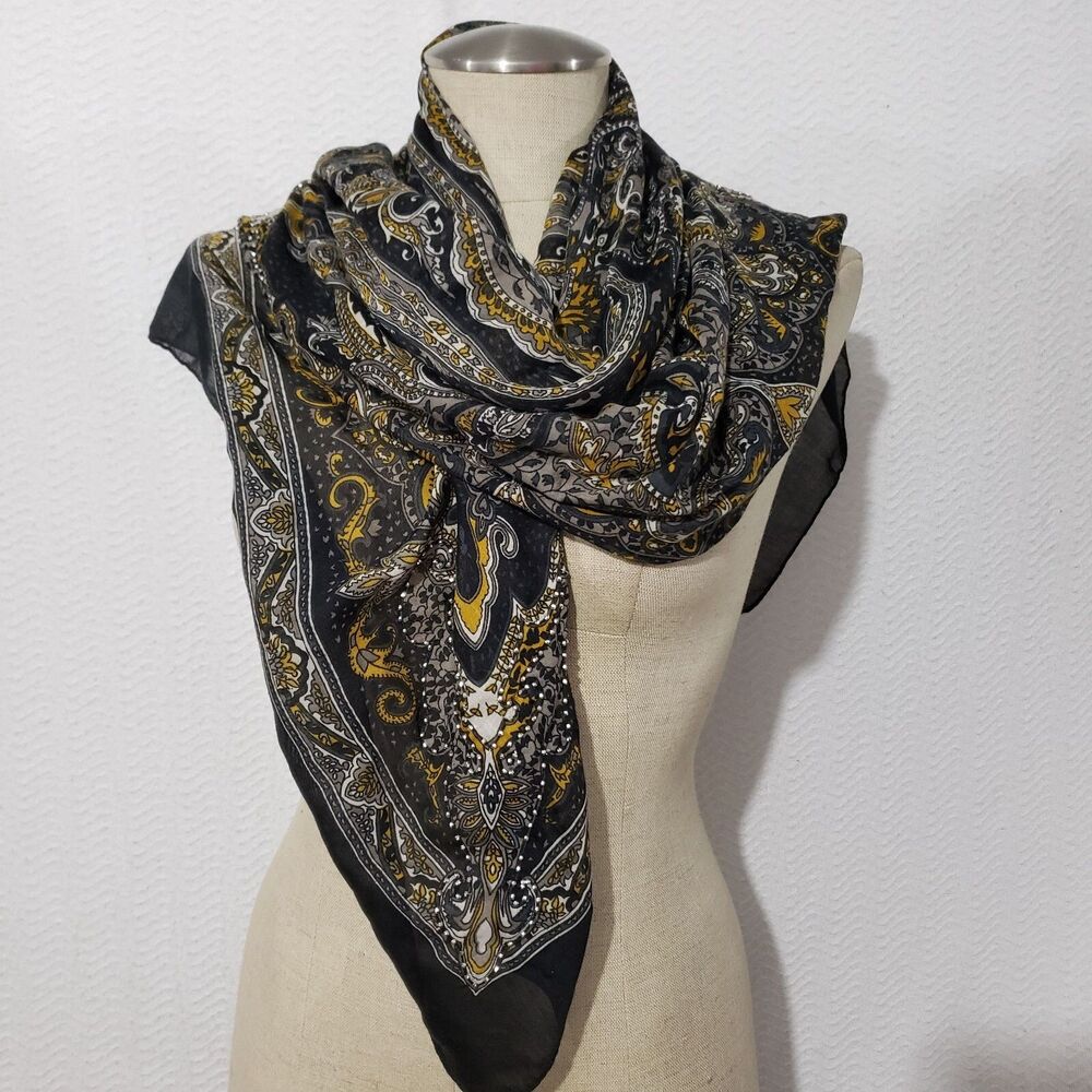 NEW Pier 1 Imports BlackYellow Multicolor Paisley Print Rhinestone Scarf 40"x40"